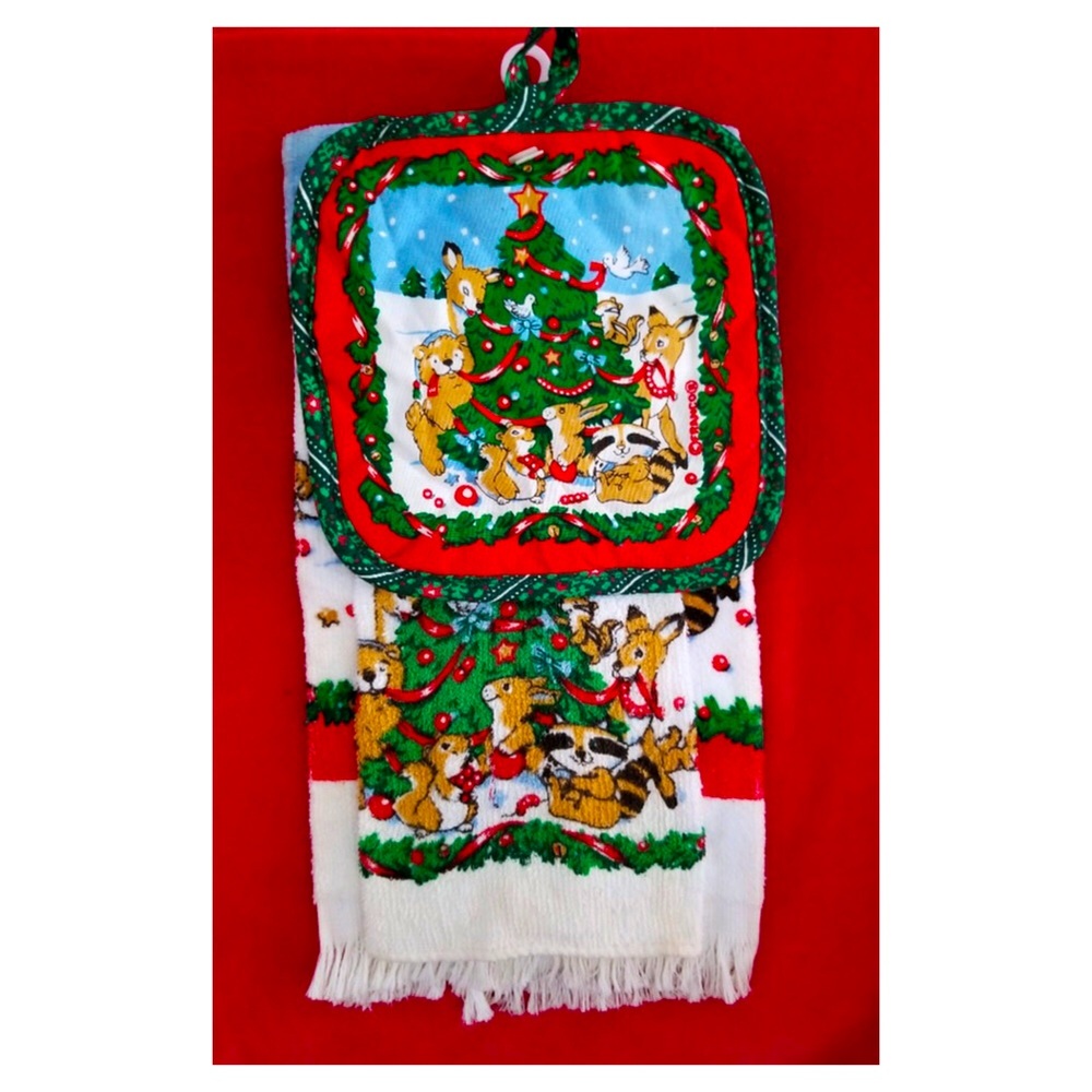 Vintage Franco Christmas Animals Festive Kitchen Towel & Potholder 3 Piece Set